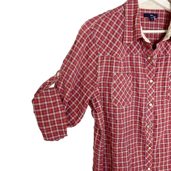 Gap Shirt Womens XL Red Snap Front Plaid Tab Sleeve Seer Sucker Stretch Cowgirl - Picture 3 of 7